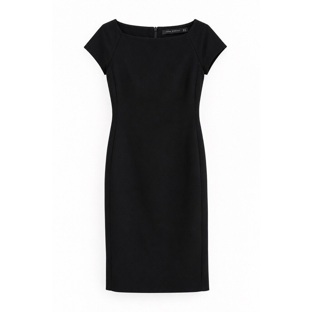 Zara Woman Black Sheath Dress Cap Sleeve Square Neck Knee